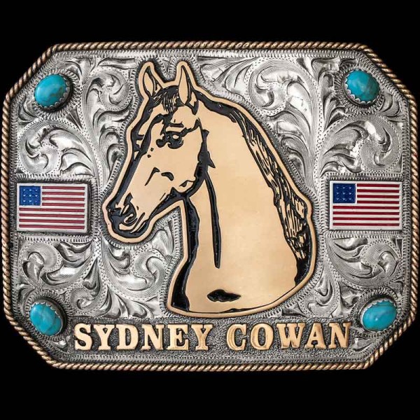 "Giddy up & Ride into the Sunset with the Woodford Custom Buckle. The large space in the center allows plenty of room for customizations or a large figure to display your style. This Buckle is crafted on a hand-engraved, German Silver base with a